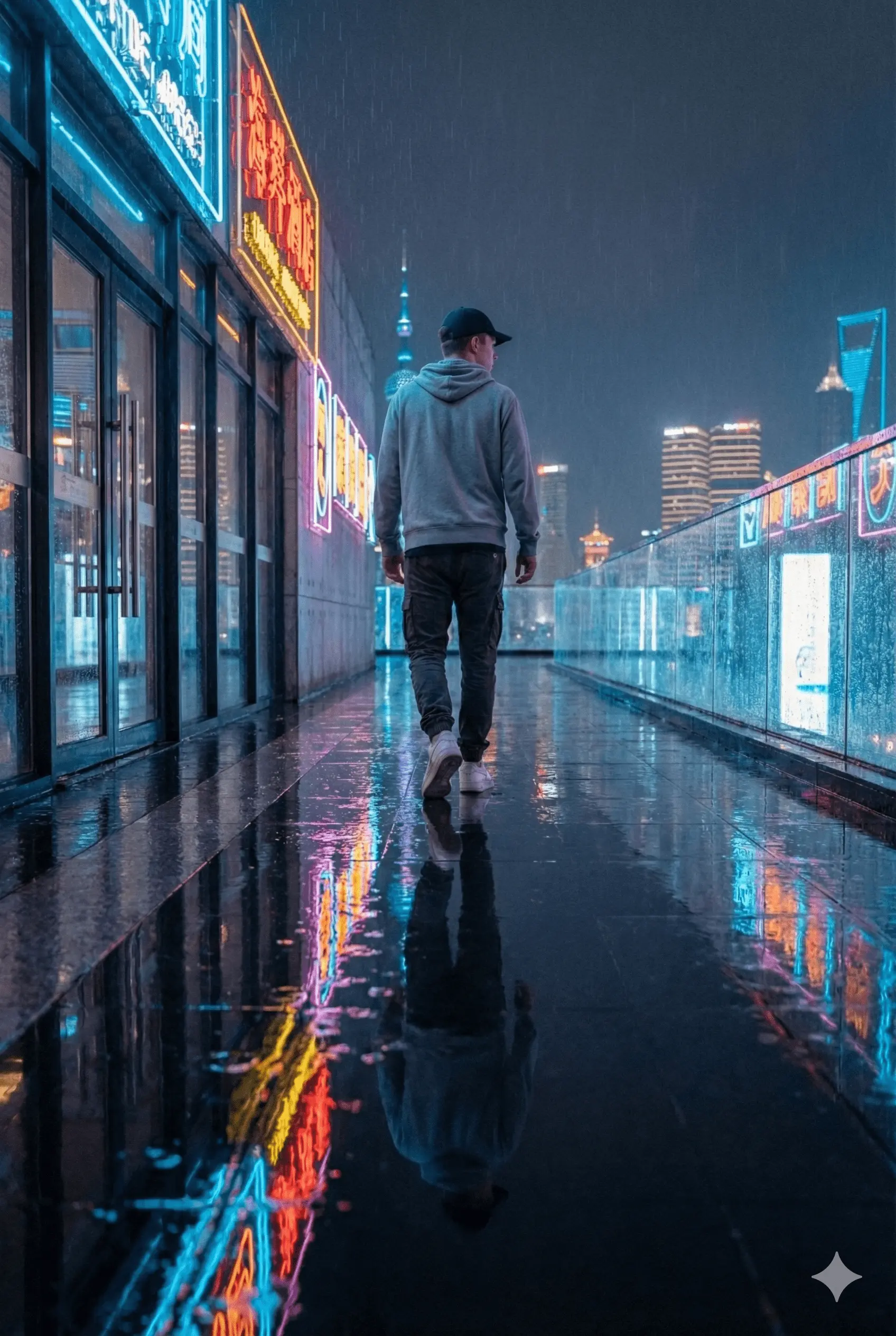 Hombre con sudadera gris caminando en una pasarela urbana de noche con luces de neón.