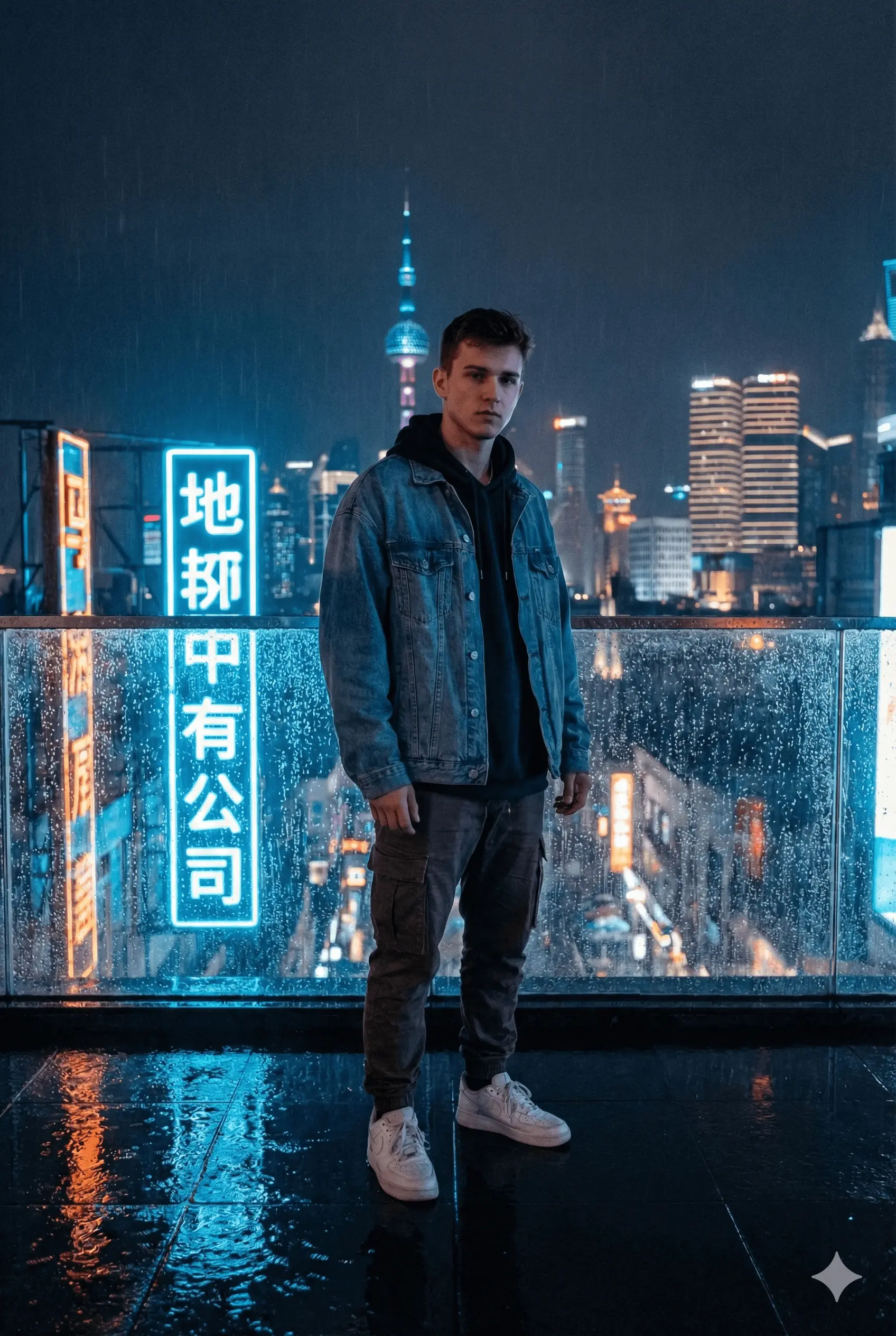 Hombre con chaqueta vaquera y pantalones cargo en una azotea con una ciudad nocturna de fondo.