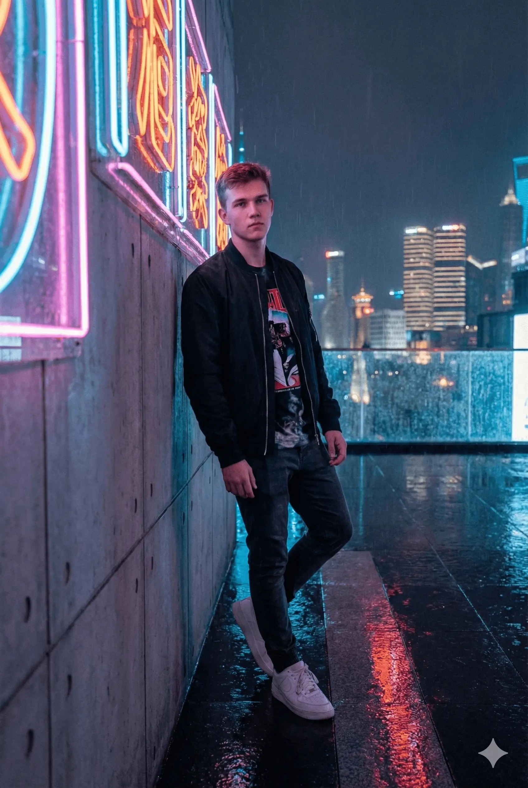 Hombre con chaqueta bomber negra apoyado en una pared con luces de neón.